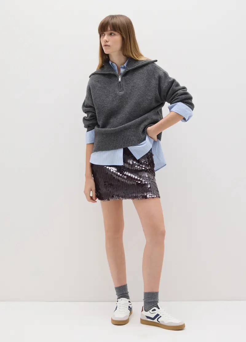 Pullover Grigio Con Mezza Zip In Misto Acrilico E Lana, Donna, Nero miniatura 2