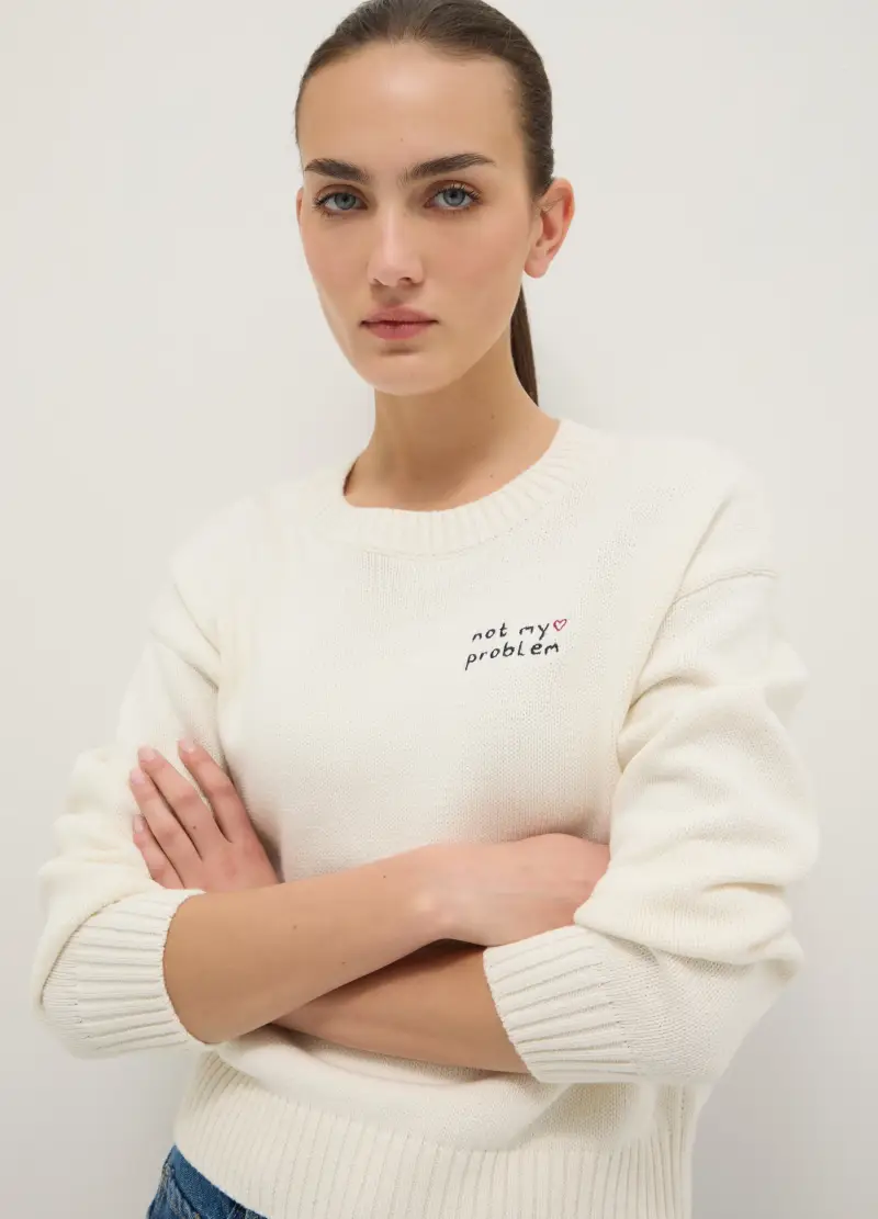 Pullover In Misto Cotone Bianco Regular Fit, Donna, Bianco miniatura 3