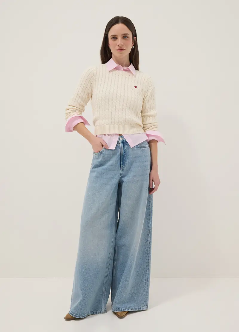 Pullover In Puro Cotone Bianco Regular Fit Con Motivo A Treccia, Donna, Bianco miniatura 2