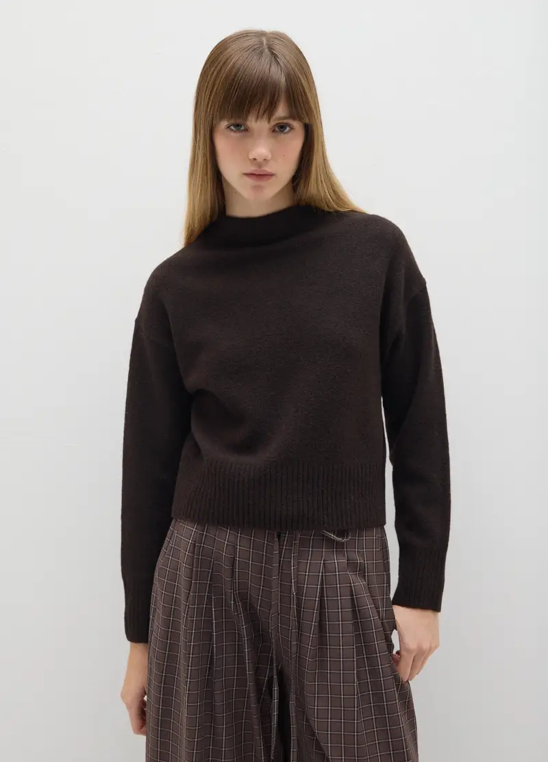 Pullover Marrone Pesante Con Collo Mock, Donna, Nero