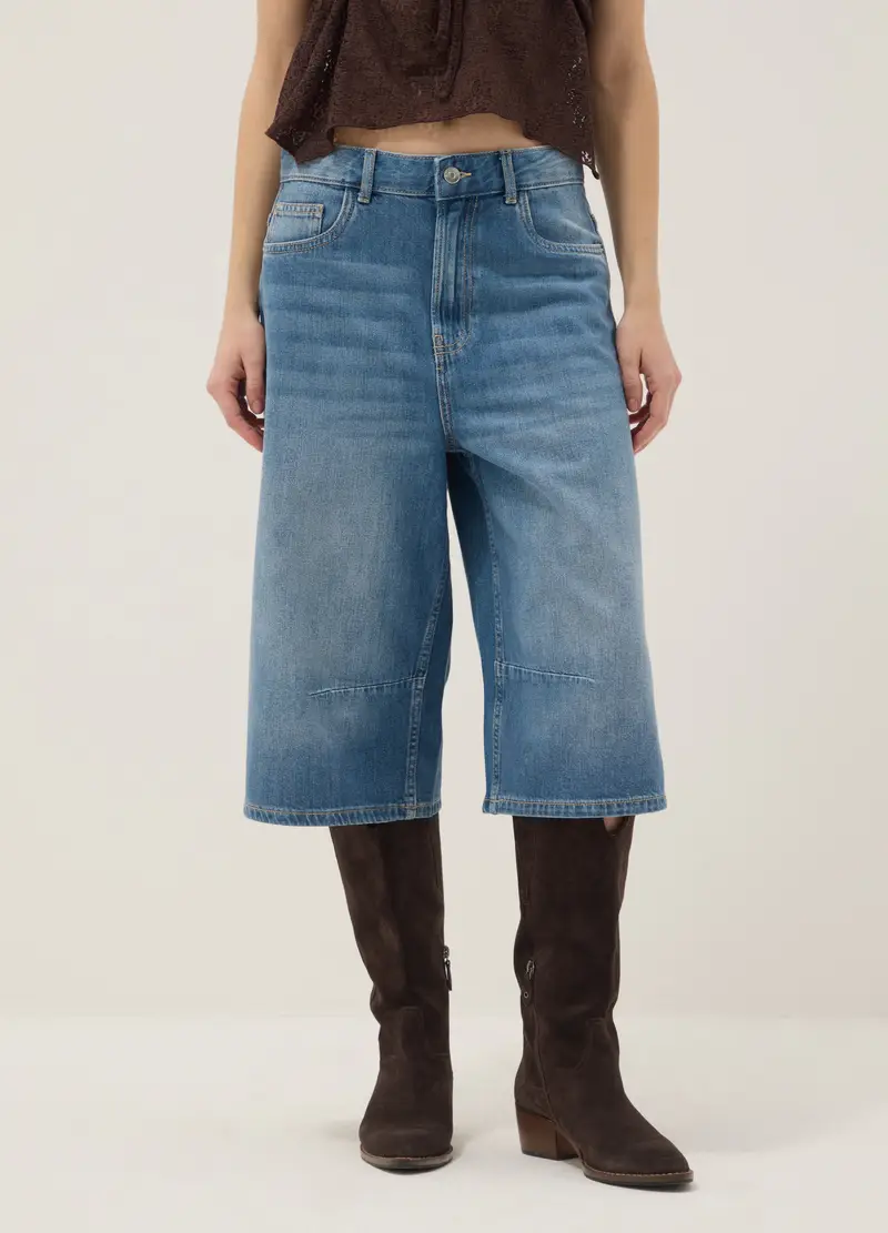 Shorts Baggy In Puro Cotone Denim Azzurri, Donna, Denim miniatura 2