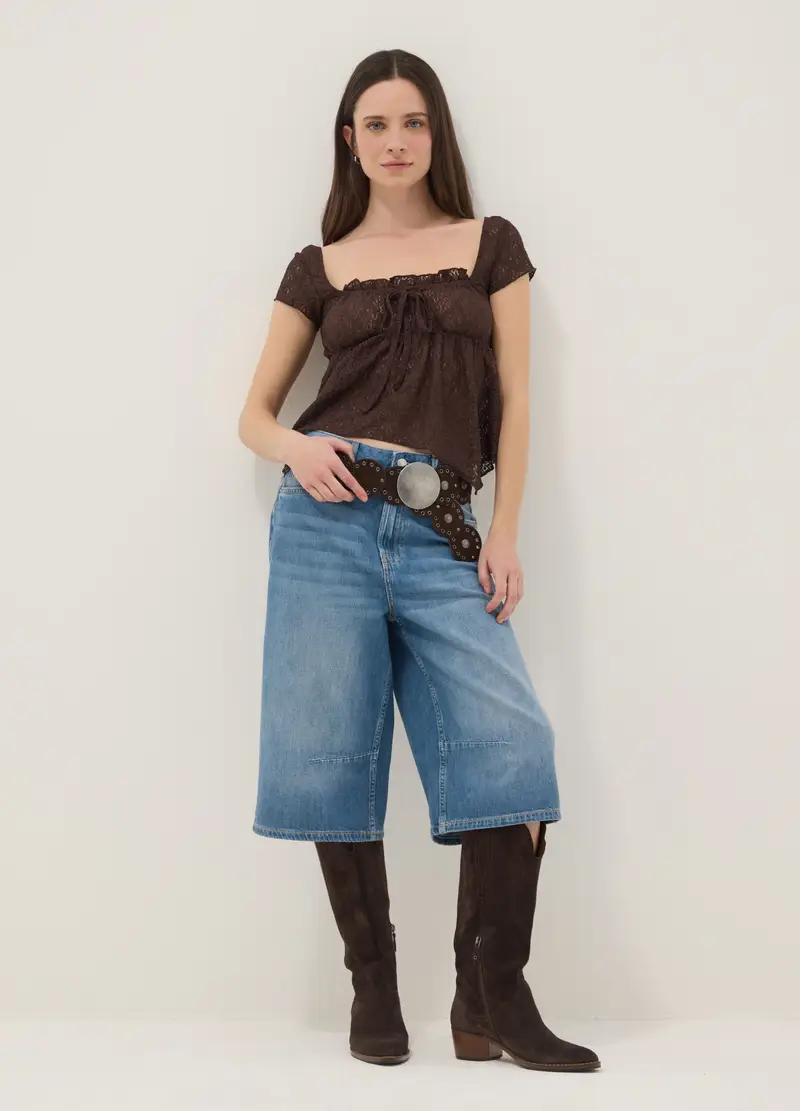 Shorts Baggy In Puro Cotone Denim Azzurri, Donna, Denim