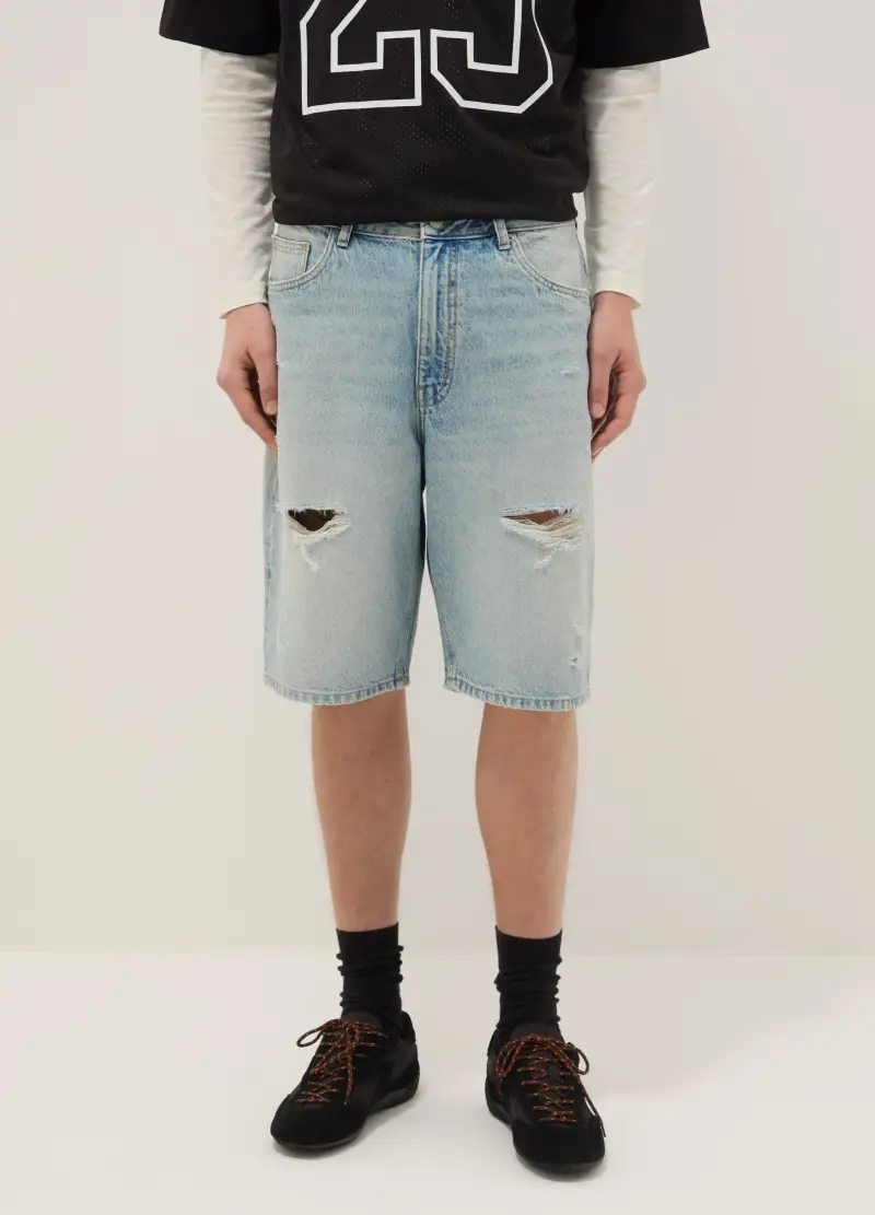 Shorts In Puro Cotone Denim Azzurro Skater Fit Con Strappi, Uomo, Denim miniatura 2