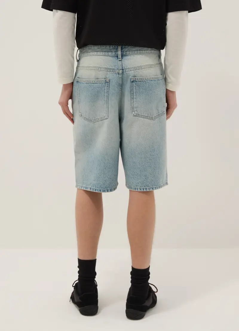 Shorts In Puro Cotone Denim Azzurro Skater Fit Con Strappi, Uomo, Denim miniatura 3