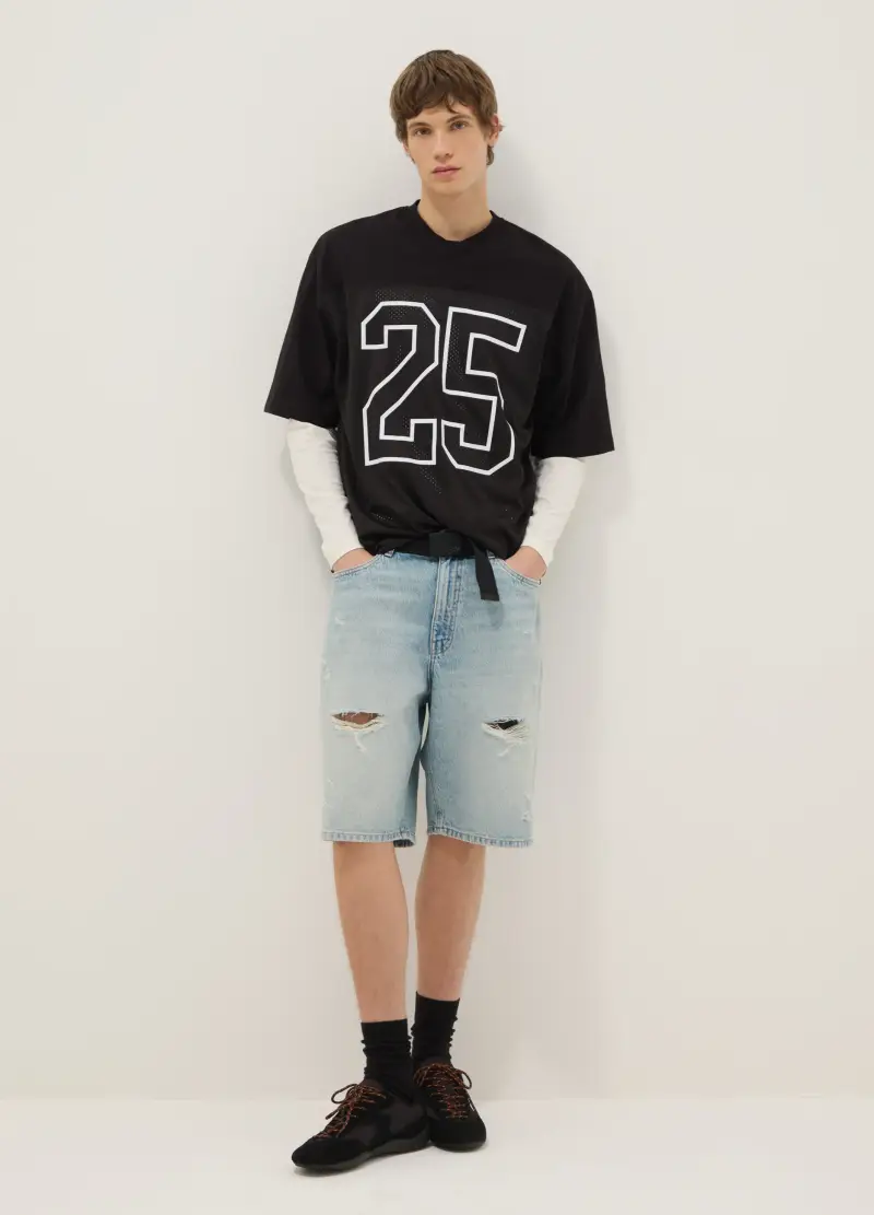 Shorts In Puro Cotone Denim Azzurro Skater Fit Con Strappi, Uomo, Denim