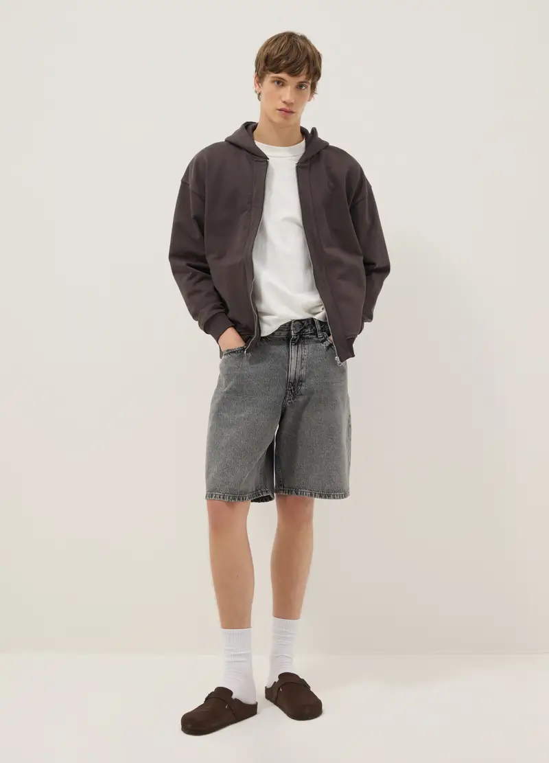 Shorts In Puro Cotone Denim Grigi Skater Fit, Uomo, Grigio