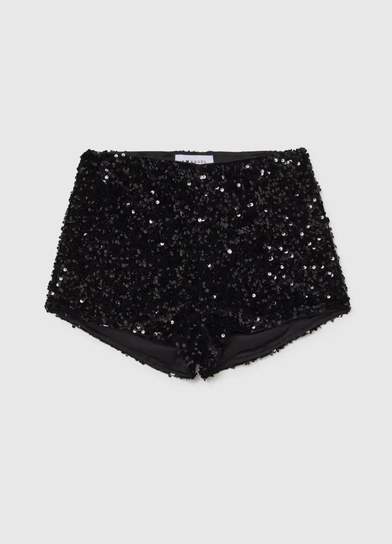 Shorts In Velour Nero Regular Fit Con Paillettes, Donna, Nero