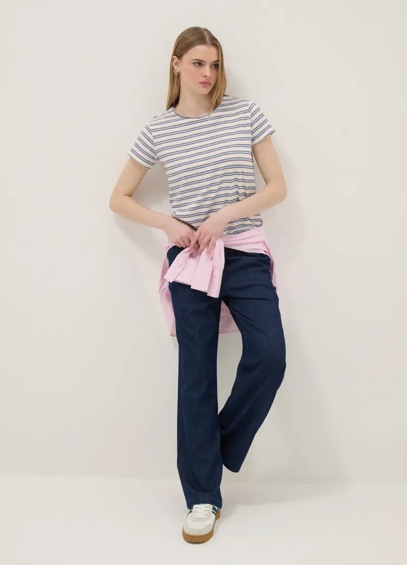 T-shirt A Maniche Corte In Puro Cotone A Righe Multicolor Regular Fit, Donna, Multicolor miniatura 2