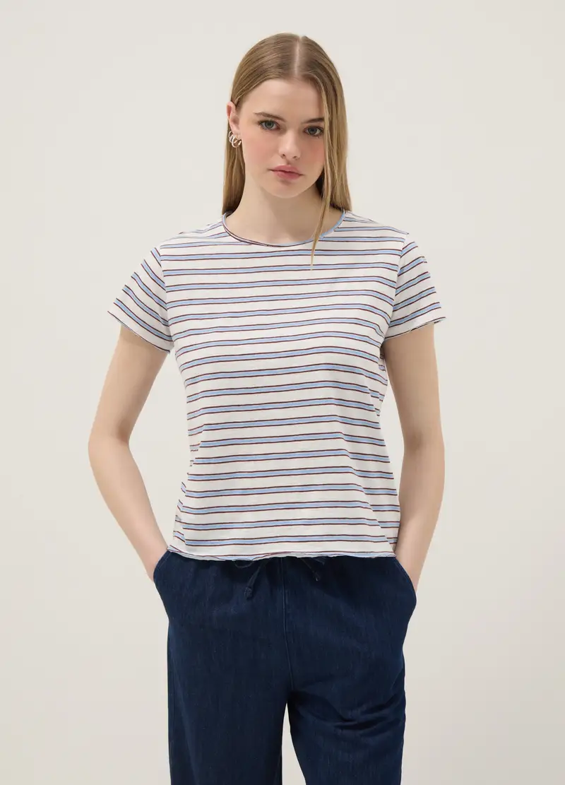T-shirt A Maniche Corte In Puro Cotone A Righe Multicolor Regular Fit, Donna, Multicolor miniatura 3