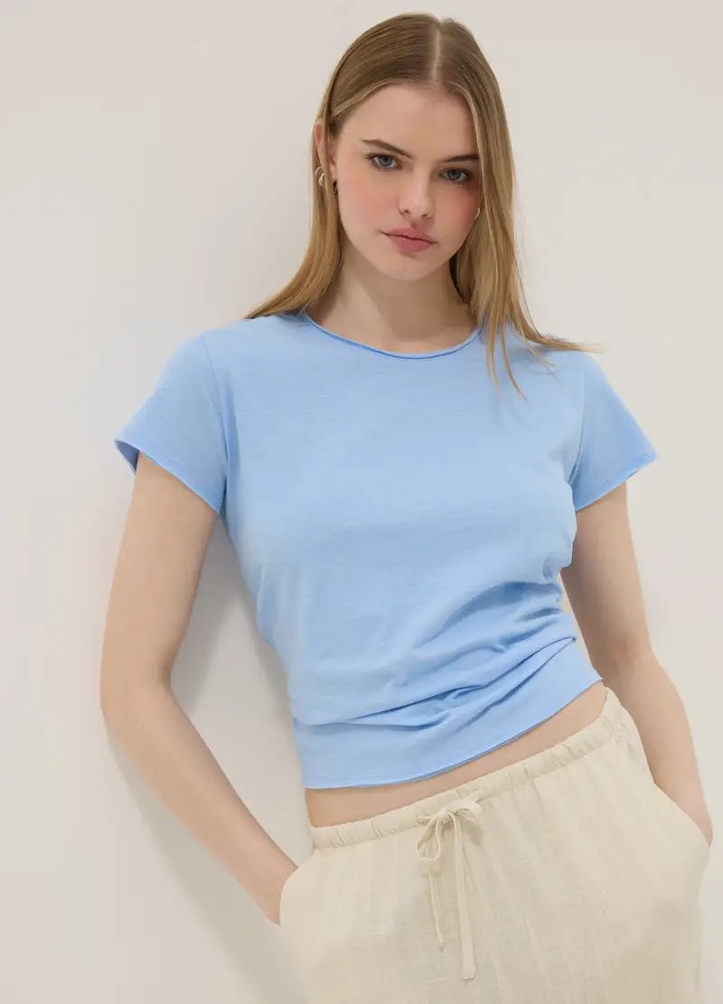 T-shirt A Maniche Corte In Puro Cotone Azzurro Regular Fit, Donna, Azzurro