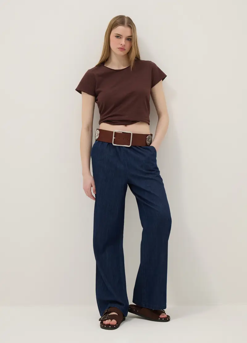 T-shirt A Maniche Corte In Puro Cotone Marrone Regular Fit, Donna, Marrone miniatura 2