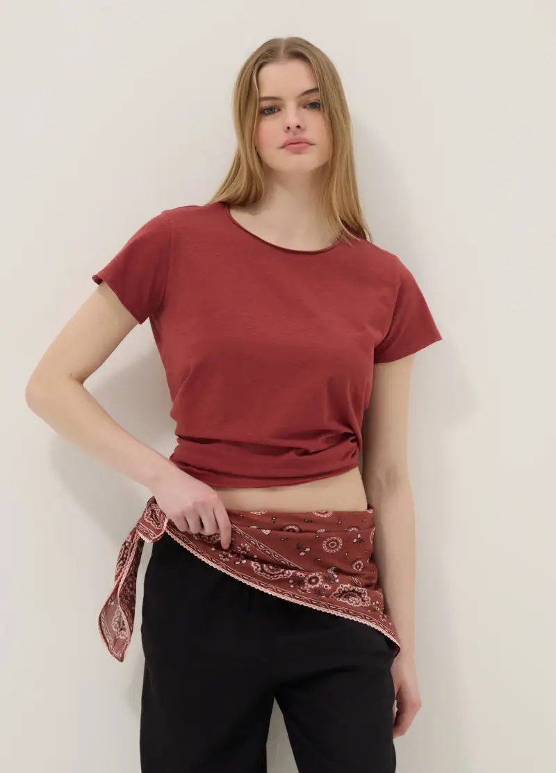 T-shirt A Maniche Corte In Puro Cotone Rossa Regular Fit, Donna, Rosso miniatura 3