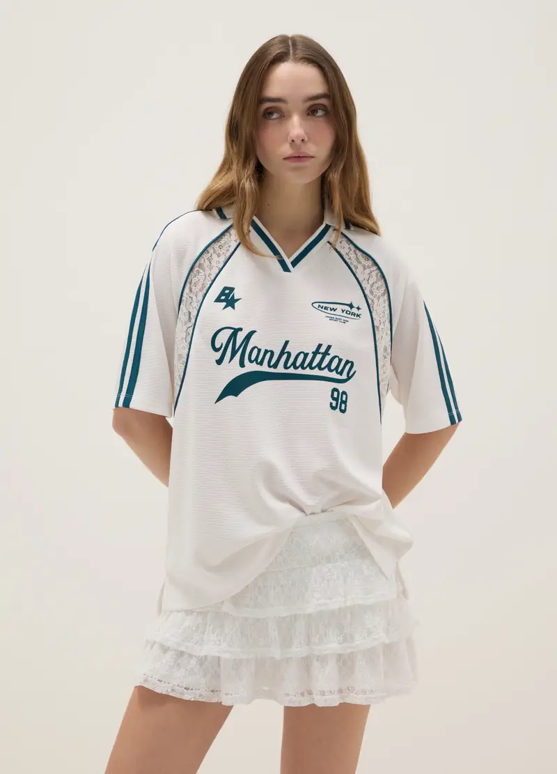 T-shirt Bianca Relaxed Fit Con Scollo A V E Dettagli Sportivi, Donna, Bianco miniatura 3