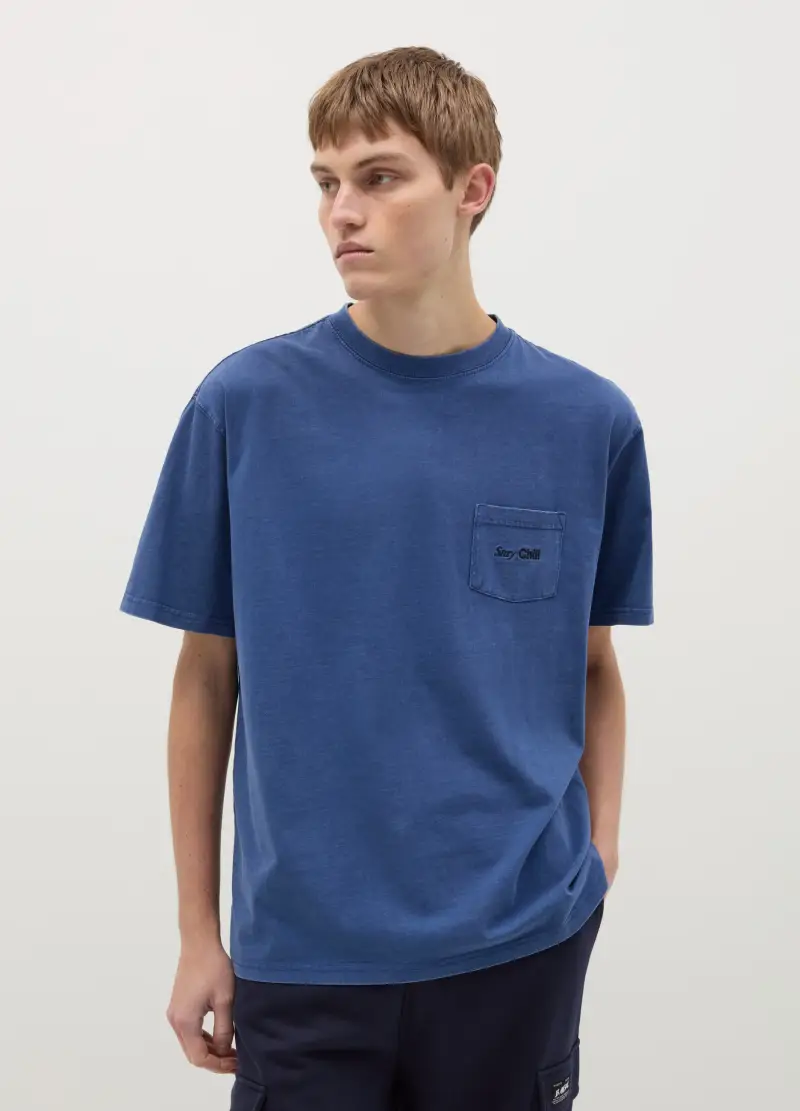 T-shirt Con Tasca A Ricamo, Uomo, Blu