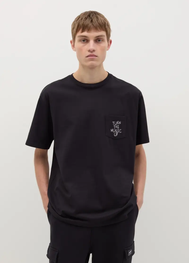 T-shirt Con Tasca A Ricamo, Uomo, Nero