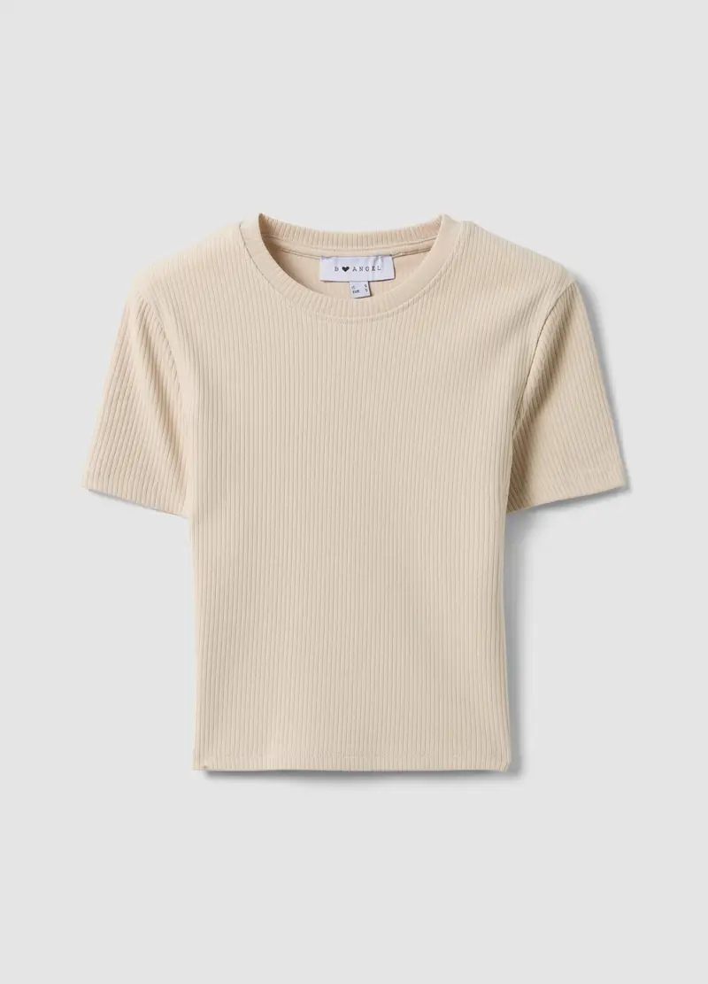 T-shirt Fitted In Cotone Elasticizzato Beige A Costine, Donna, Beige