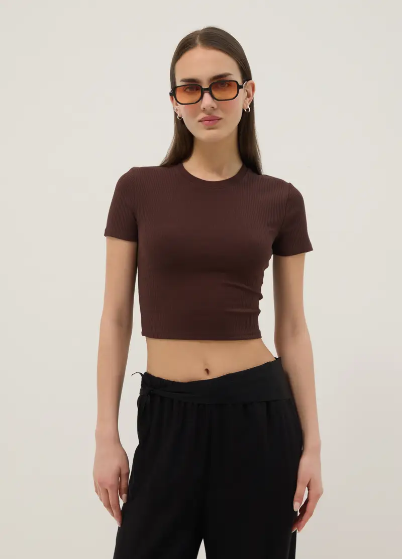 T-shirt Fitted In Cotone Elasticizzato Marrone A Costine, Donna, Marrone miniatura 3