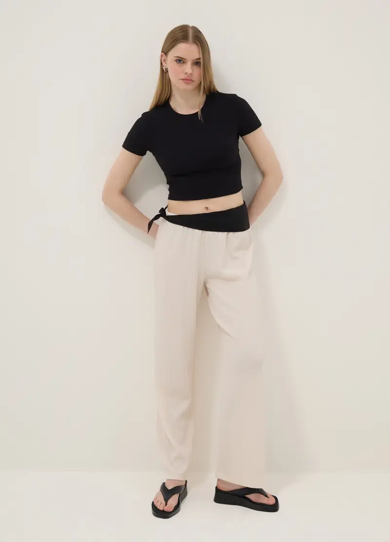 T-shirt Fitted In Cotone Elasticizzato Nero A Costine, Donna, Nero miniatura 2