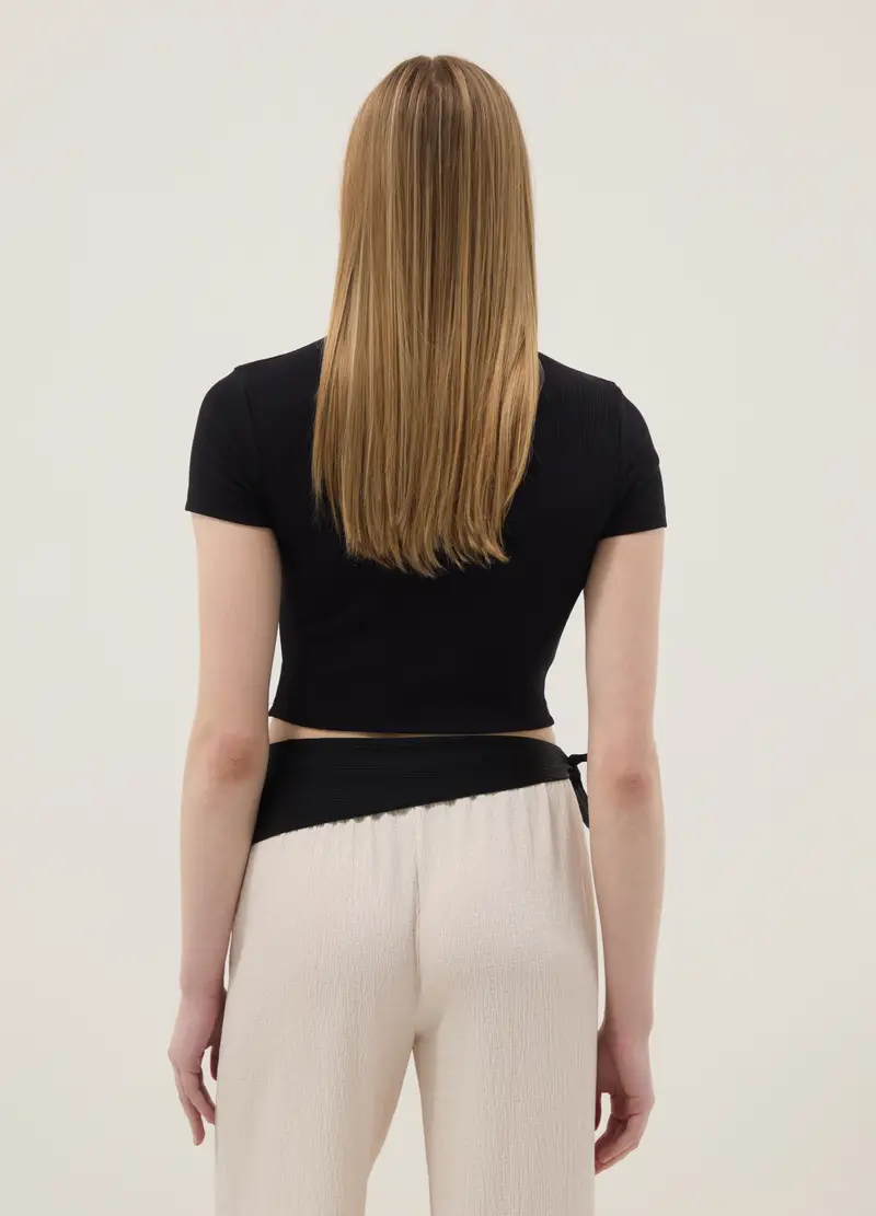 T-shirt Fitted In Cotone Elasticizzato Nero A Costine, Donna, Nero miniatura 3