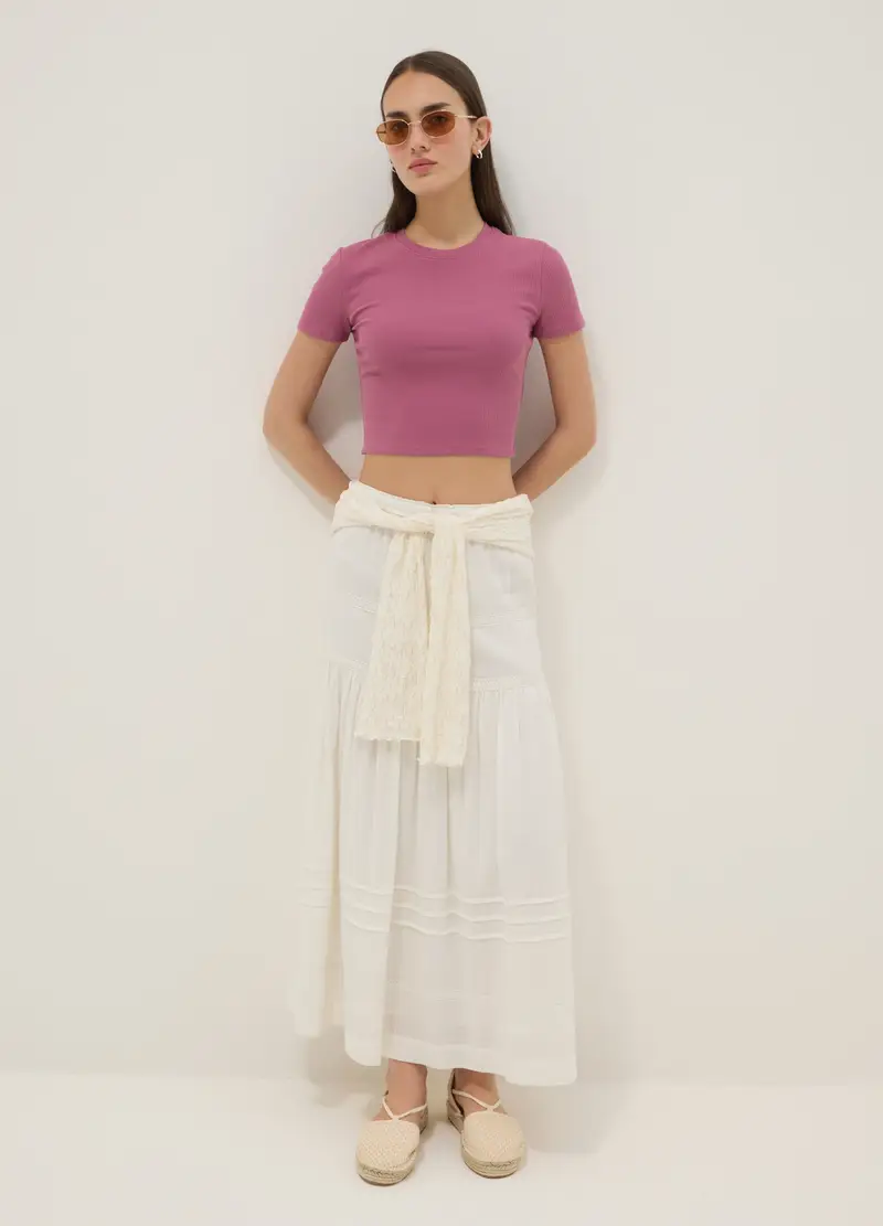 T-shirt Fitted In Cotone Elasticizzato Rosa A Costine, Donna, Rosa miniatura 2