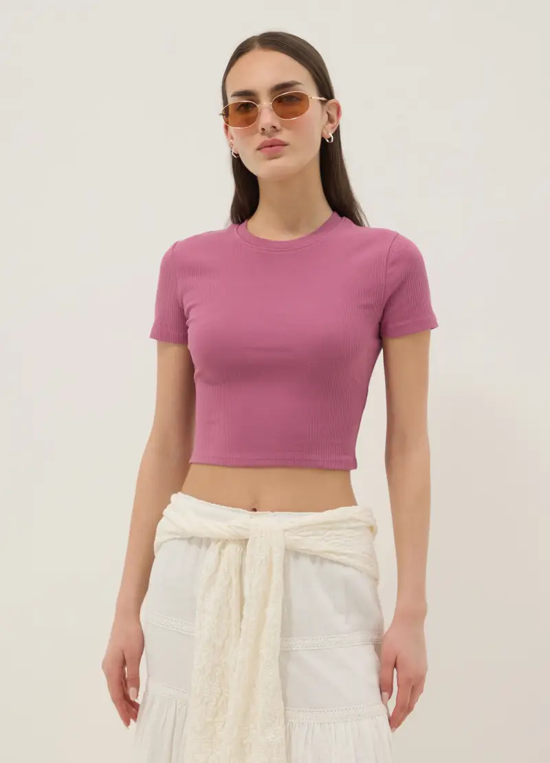 T-shirt Fitted In Cotone Elasticizzato Rosa A Costine, Donna, Rosa
