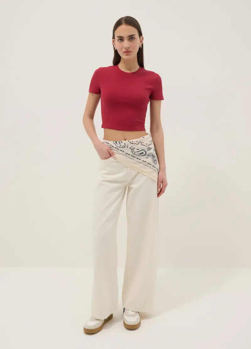 T-shirt Fitted In Cotone Elasticizzato Rossa A Costine, Donna, Rosso miniatura 2