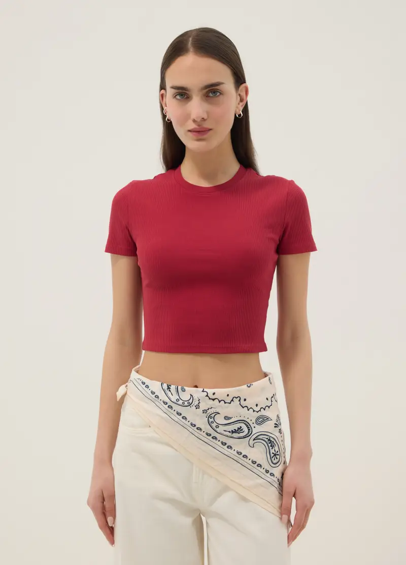 T-shirt Fitted In Cotone Elasticizzato Rossa A Costine, Donna, Rosso miniatura 3
