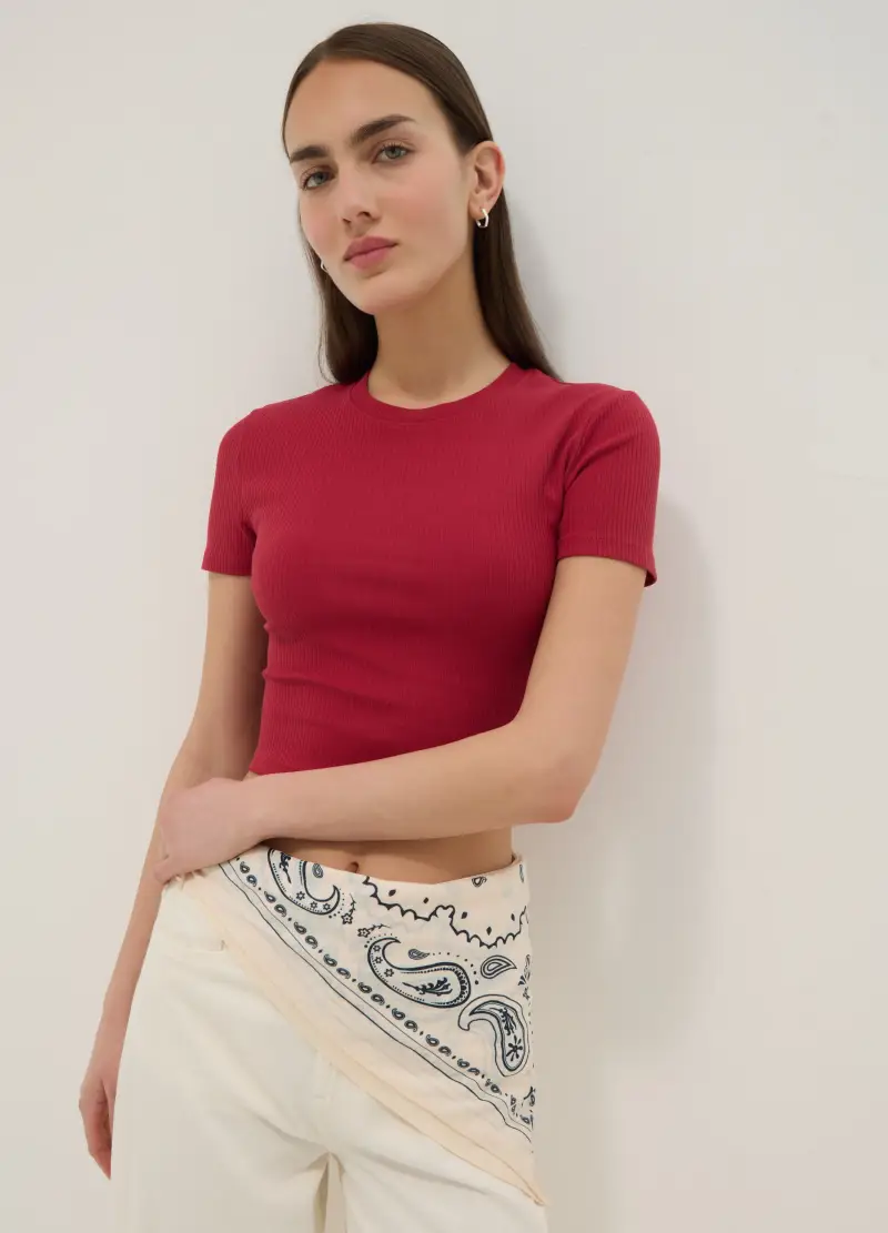 T-shirt Fitted In Cotone Elasticizzato Rossa A Costine, Donna, Rosso