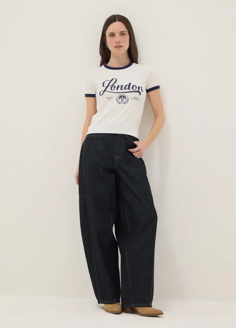 T-shirt In Cotone Elasticizzato Bianca Regular Fit Con Scritta Blu, Donna, Multicolor miniatura 2