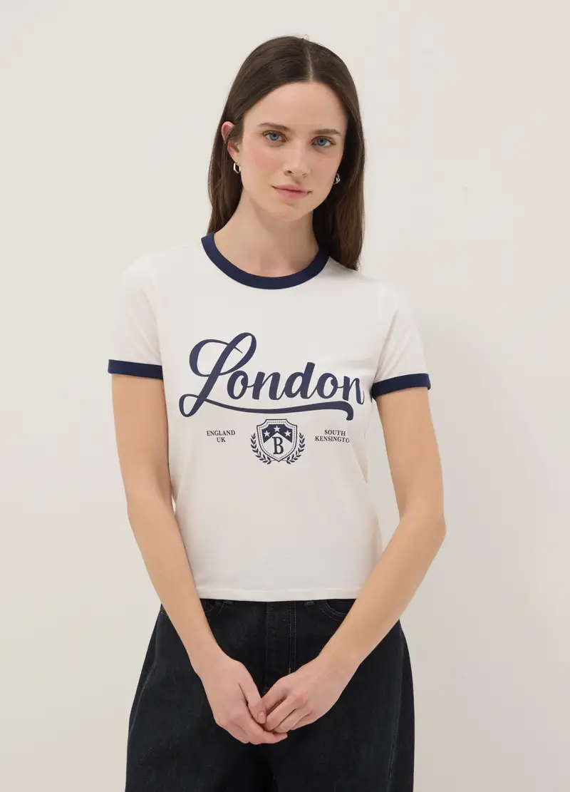 T-shirt In Cotone Elasticizzato Bianca Regular Fit Con Scritta Blu, Donna, Multicolor miniatura 3