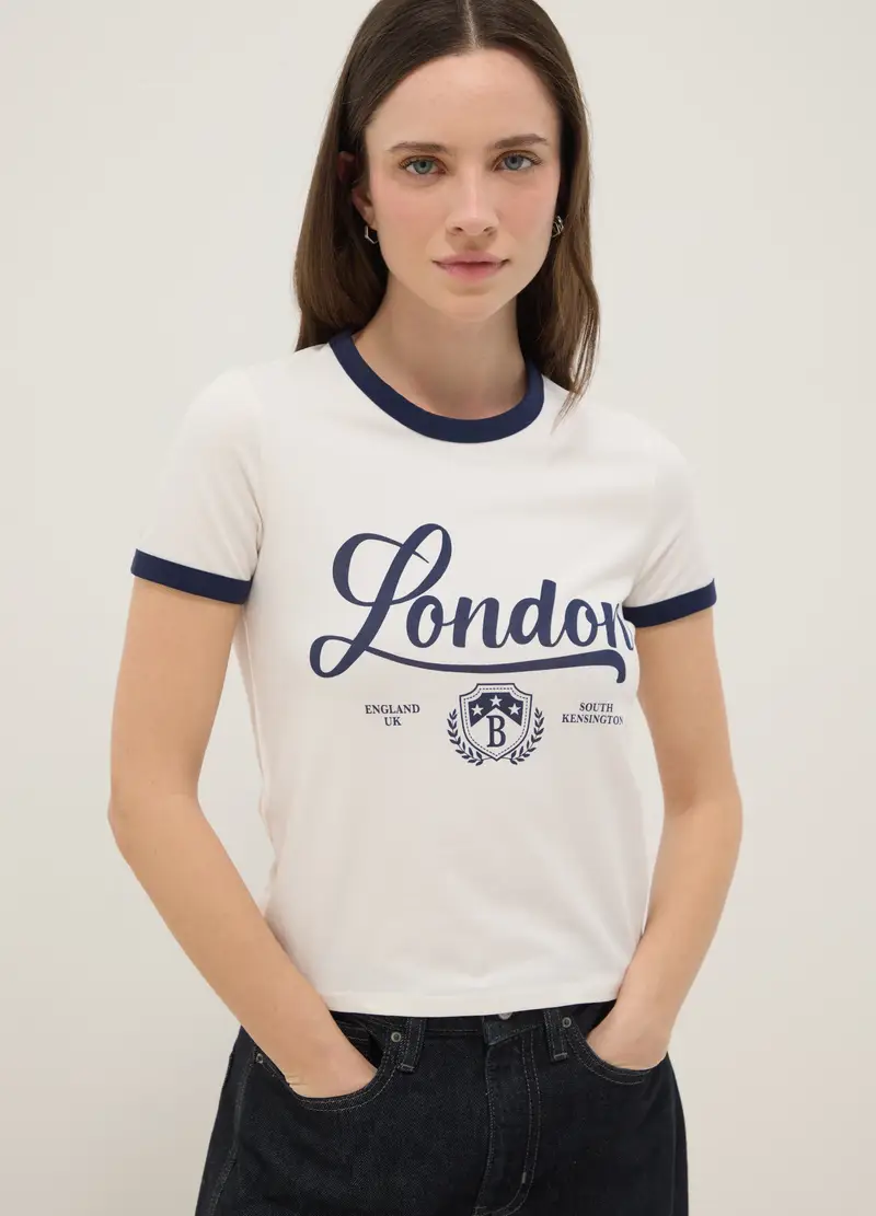 T-shirt In Cotone Elasticizzato Bianca Regular Fit Con Scritta Blu, Donna, Multicolor