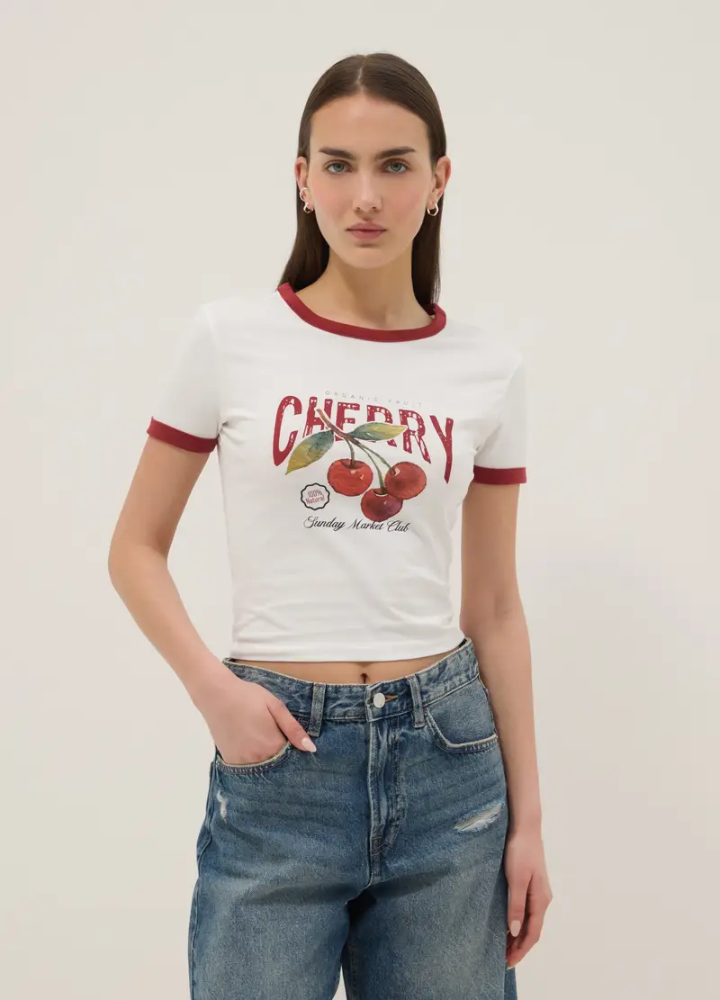T-shirt In Cotone Elasticizzato Bianca Regular Fit Con Stampa Ciliegie, Donna, Bianco miniatura 3