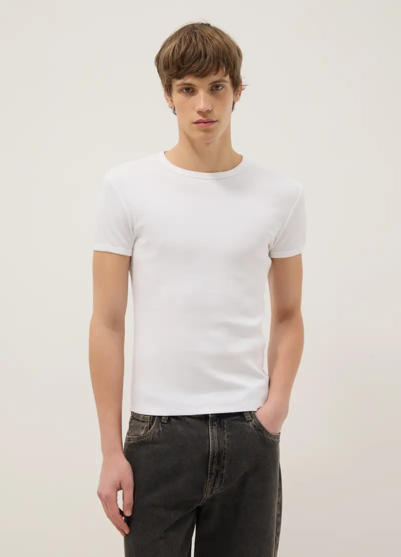T-shirt In Cotone Elasticizzato Bianca Slim Fit, Uomo, Bianco