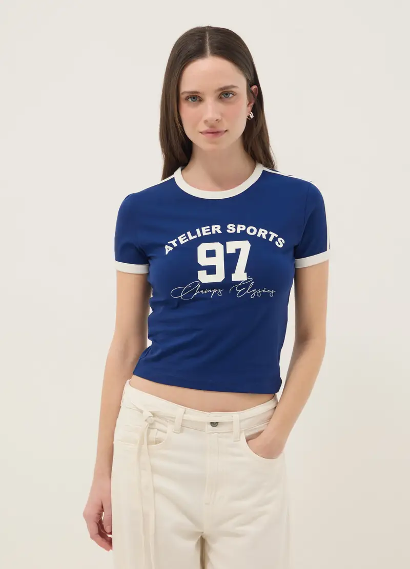 T-shirt In Cotone Elasticizzato Blu Slim Fit Con Stampa, Donna, Blu miniatura 2