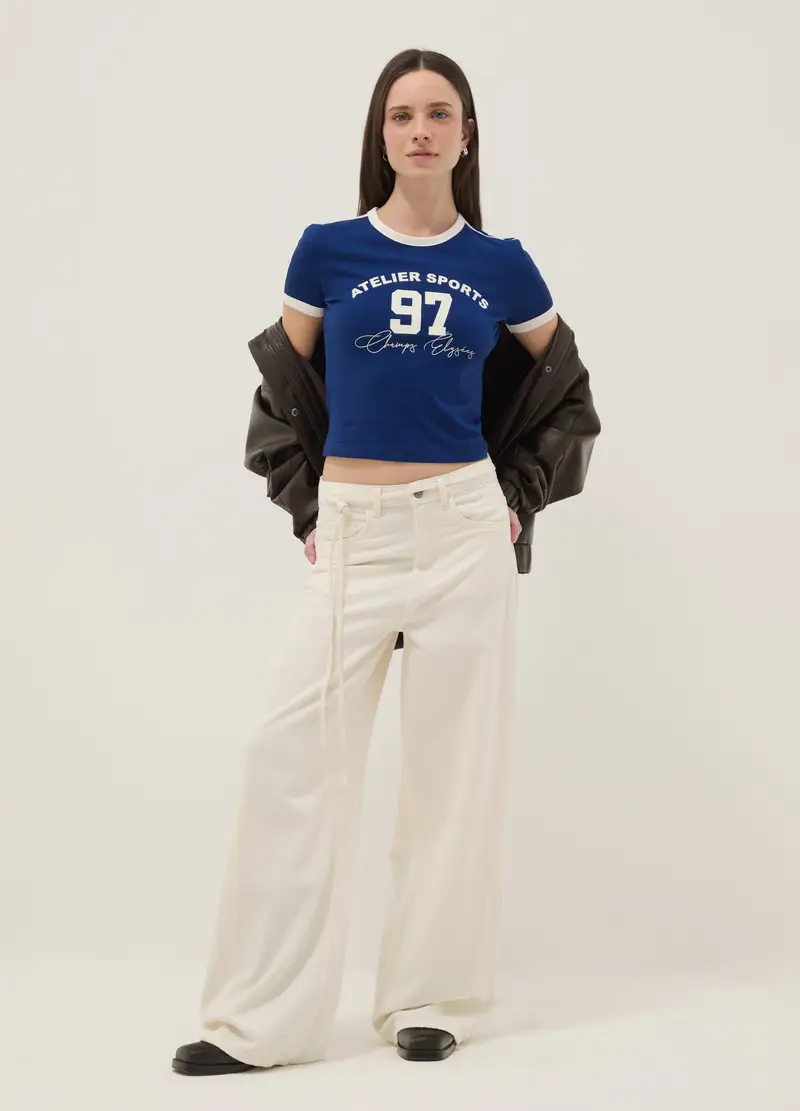 T-shirt In Cotone Elasticizzato Blu Slim Fit Con Stampa, Donna, Blu miniatura 3