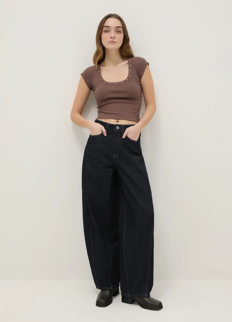 T-shirt In Cotone Elasticizzato Marrone Slim Fit Con Borchie Sul Collo, Donna, Marrone miniatura 2