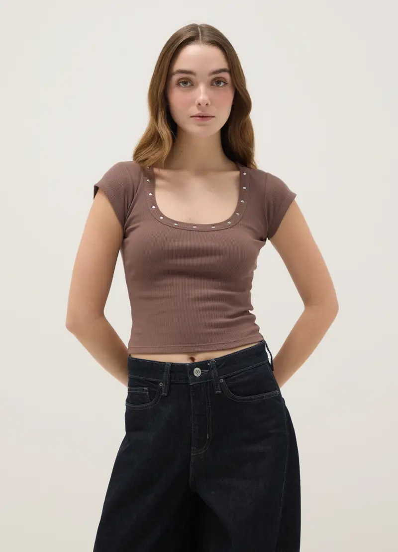T-shirt In Cotone Elasticizzato Marrone Slim Fit Con Borchie Sul Collo, Donna, Marrone miniatura 3