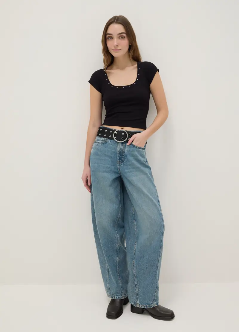 T-shirt In Cotone Elasticizzato Nero Slim Fit Con Borchie Sul Collo, Donna, Nero miniatura 2