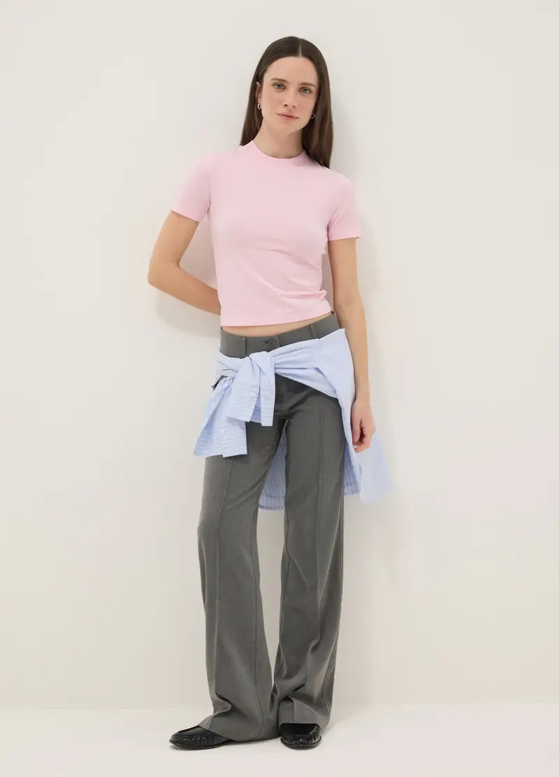 T-shirt In Cotone Elasticizzato Rosa Slim Fit, Donna, Rosa miniatura 2