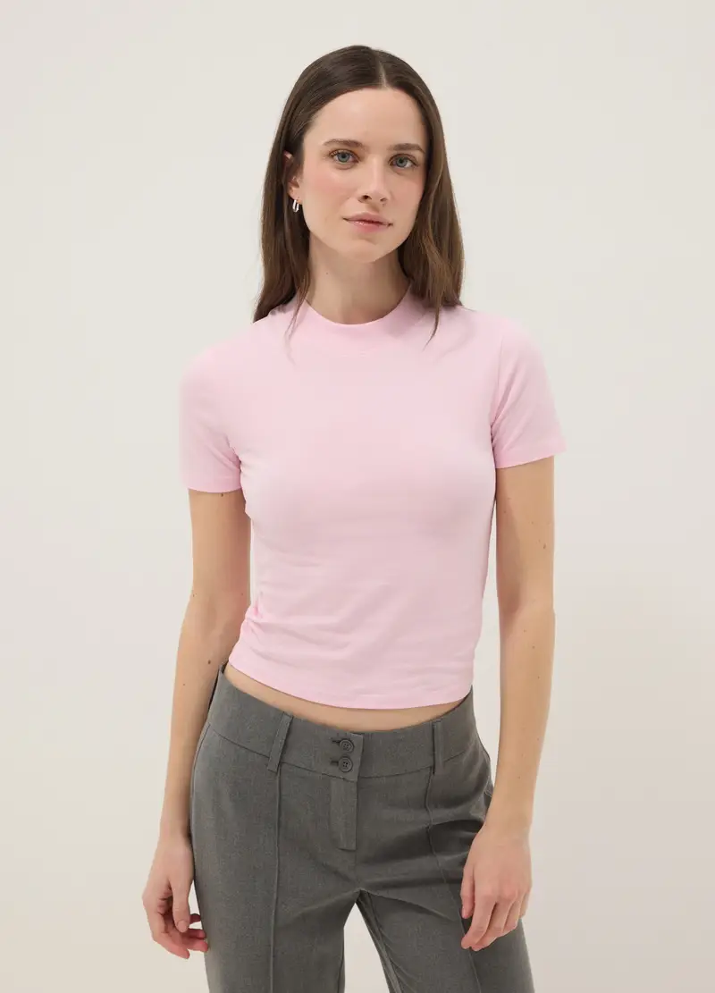 T-shirt In Cotone Elasticizzato Rosa Slim Fit, Donna, Rosa miniatura 3