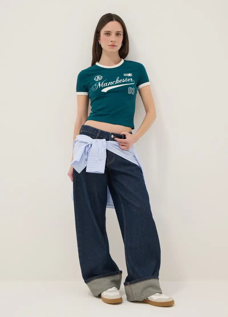 T-shirt In Cotone Elasticizzato Verde Slim Fit Con Stampa, Donna, Verde miniatura 2