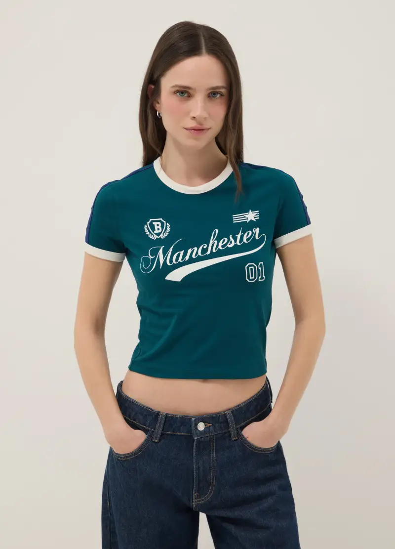 T-shirt In Cotone Elasticizzato Verde Slim Fit Con Stampa, Donna, Verde miniatura 3