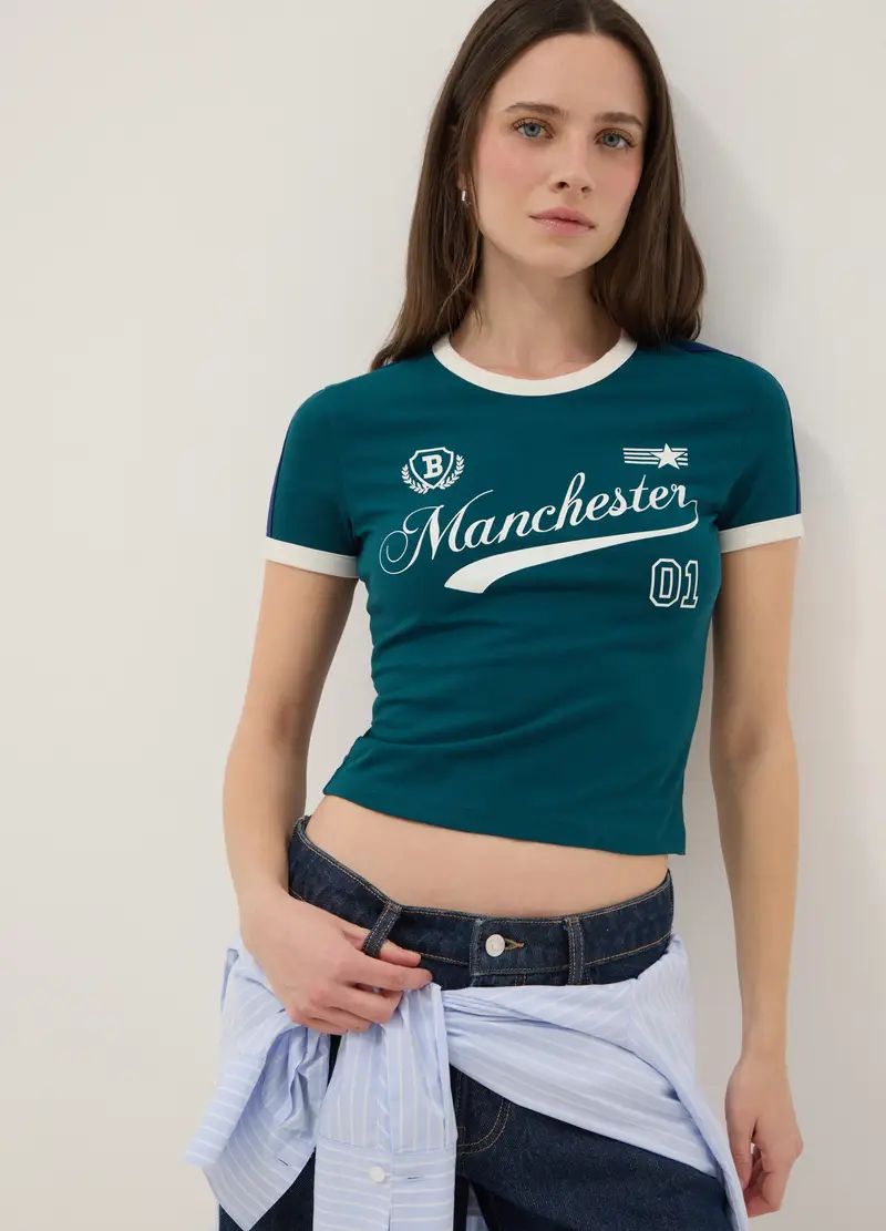 T-shirt In Cotone Elasticizzato Verde Slim Fit Con Stampa, Donna, Verde