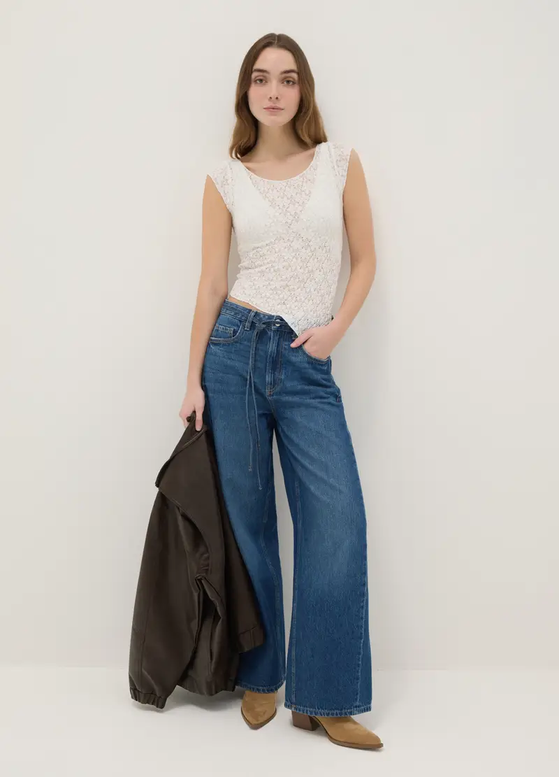 T-shirt In Misto Cotone Bianca Slim Fit Con Design Traforato, Donna, Bianco miniatura 2