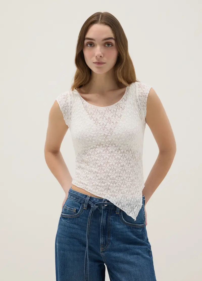 T-shirt In Misto Cotone Bianca Slim Fit Con Design Traforato, Donna, Bianco miniatura 3