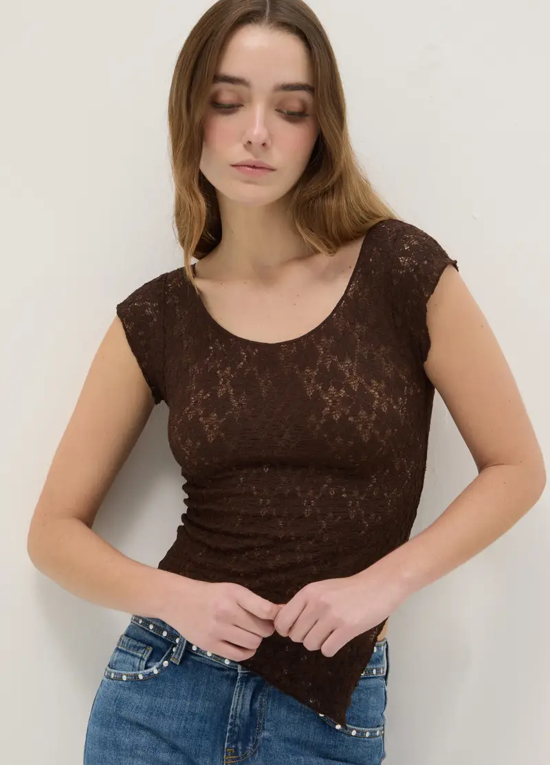 T-shirt In Misto Cotone Marrone Slim Fit Con Design Traforato, Donna, Marrone miniatura 3