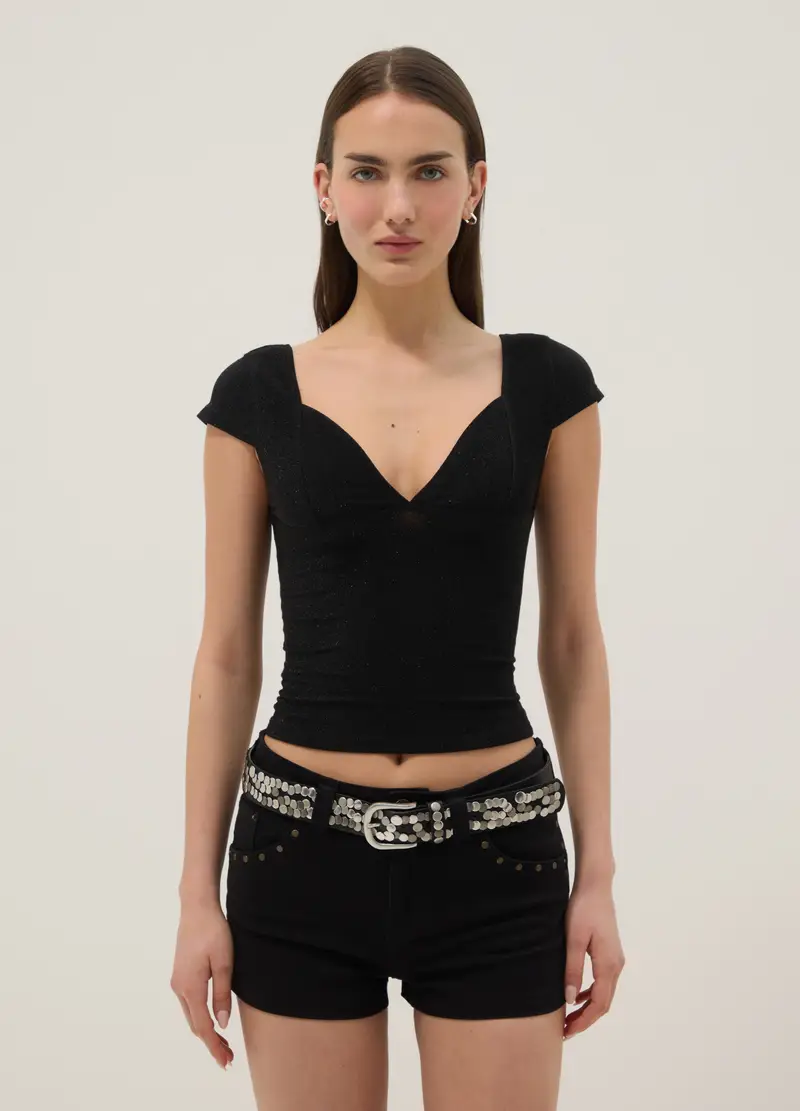 T-shirt In Misto Viscosa Elasticizzata Nera Regular Fit Con Collo A V, Donna, Nero miniatura 3