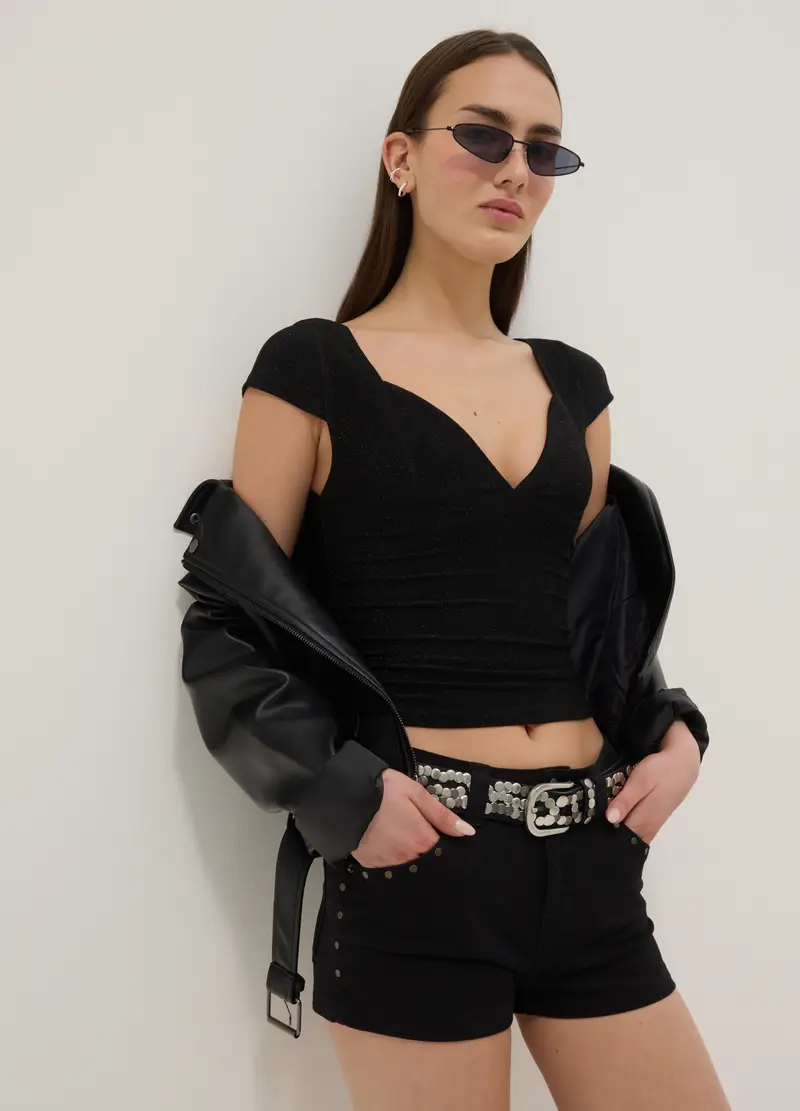 T-shirt In Misto Viscosa Elasticizzata Nera Regular Fit Con Collo A V, Donna, Nero