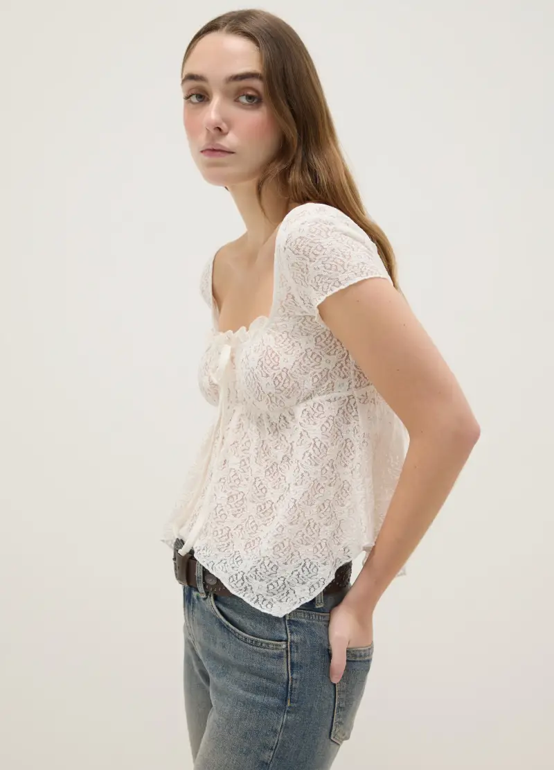 T-shirt In Pizzo Bianca Regular Fit Con Fiocco, Donna, Bianco