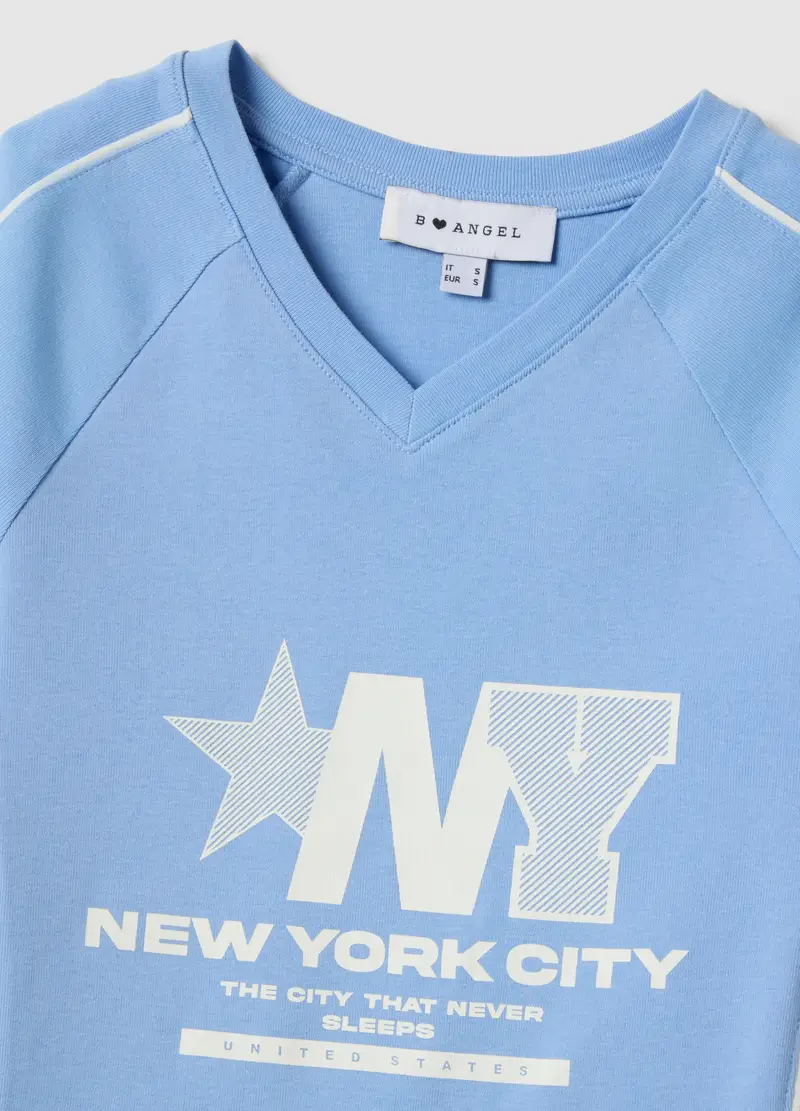 T-shirt In Puro Cotone Azzurra Slim Fit Con Collo A V E Stampa, Donna, Azzurro miniatura 2